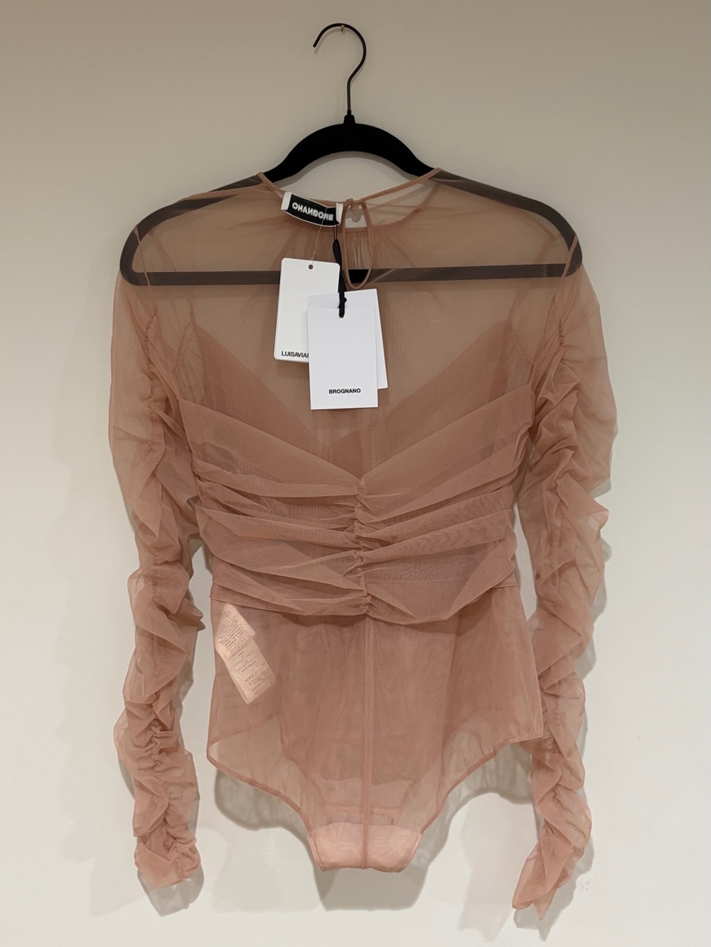 Sheer Ruched Long-Sleeve Bodysuit in Dusty Rose by
